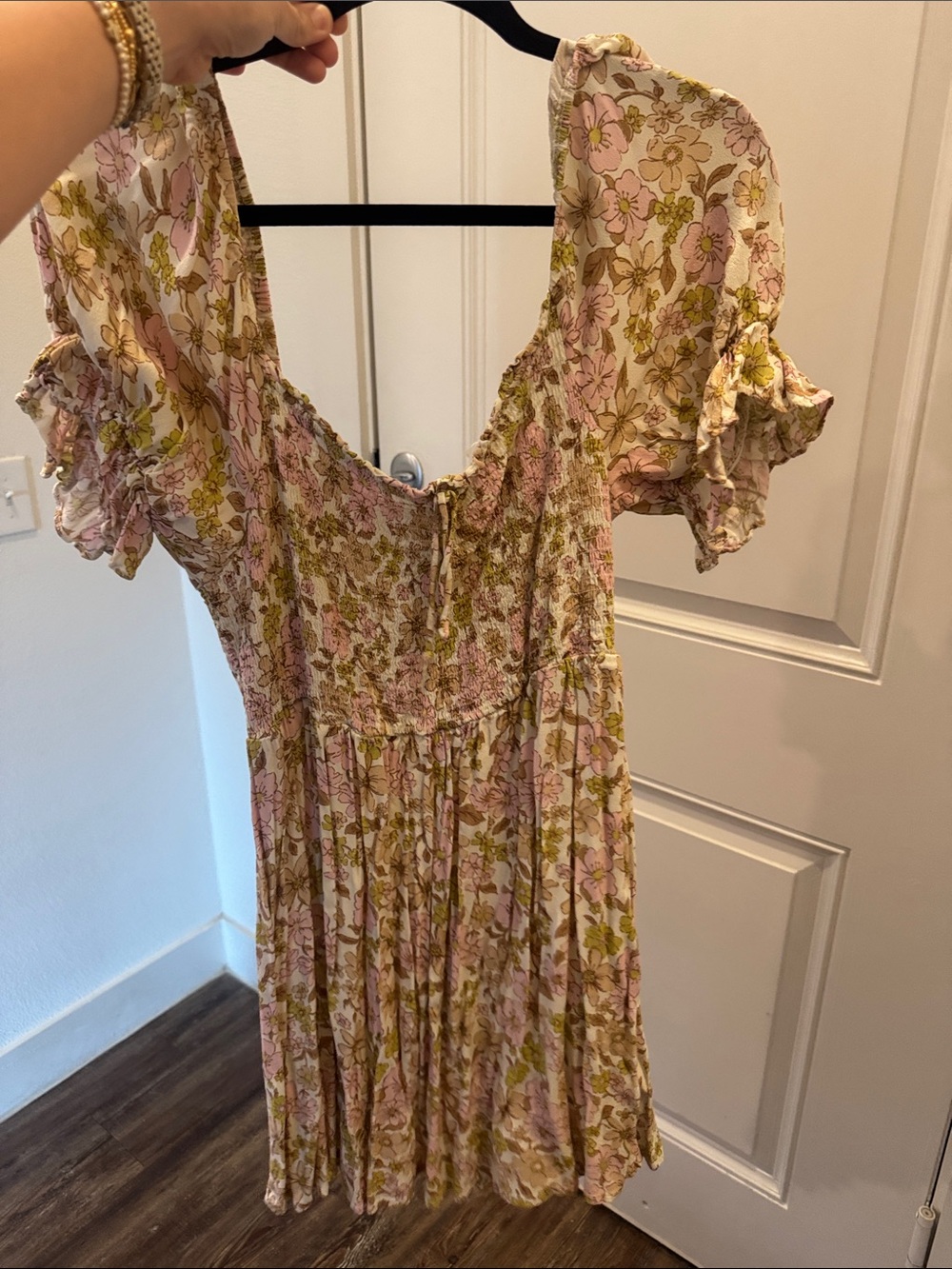 Floral Puff Sleeve Summer Dress - Pink & Green